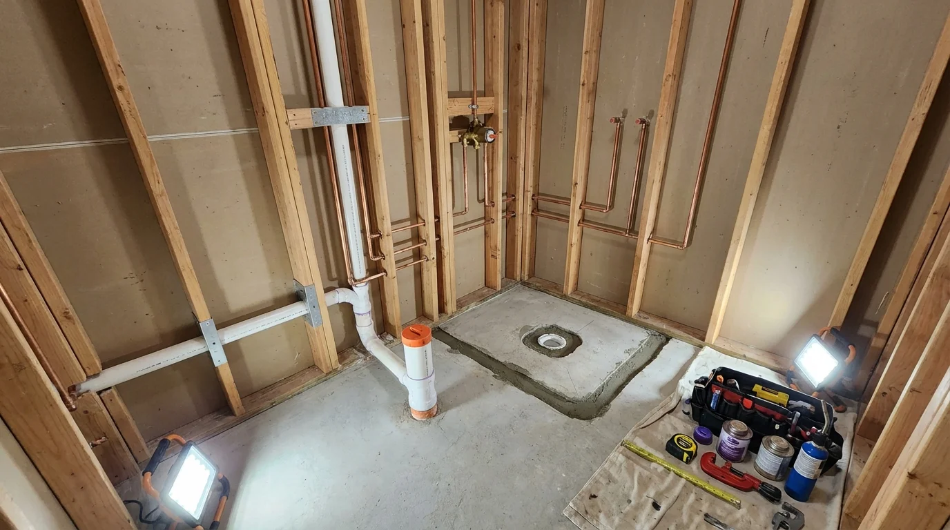 Bathroom rough-in plumbing during remodel by Johns Plumbing LLC in Osage