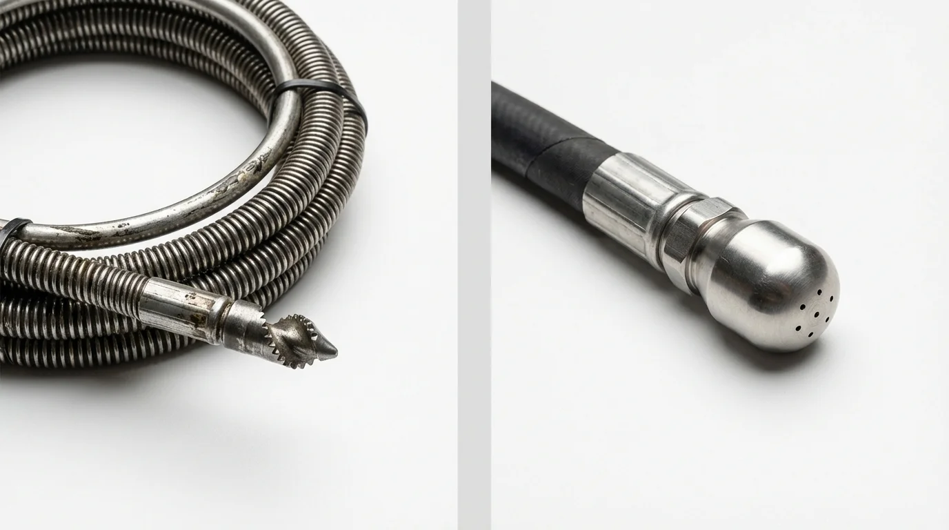 Drain snake cable and hydro jetting nozzle used for drain cleaning in Osage, IA
