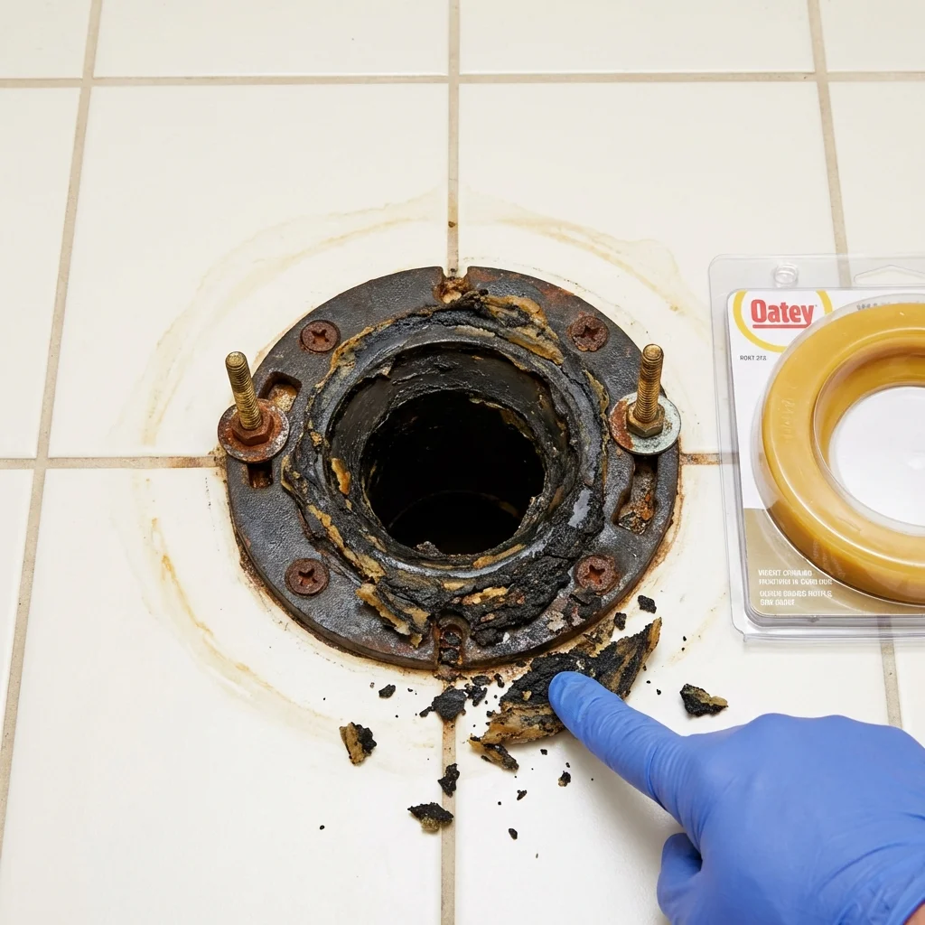 Failed wax ring showing water seepage at the base of a toilet in a Osage, IA home